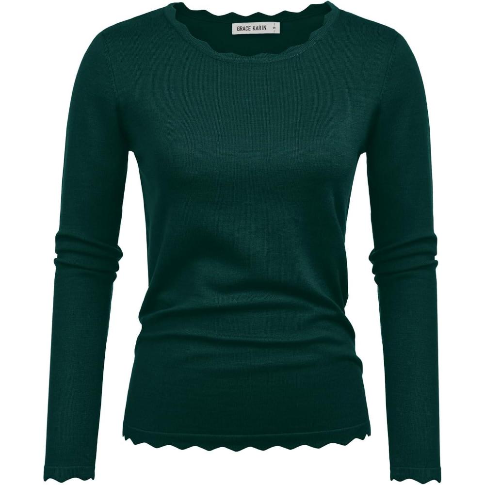 imageGRACE KARIN Womens High Stretchy Long Sleeve Pullover Sweater Blouse TopDeep Green