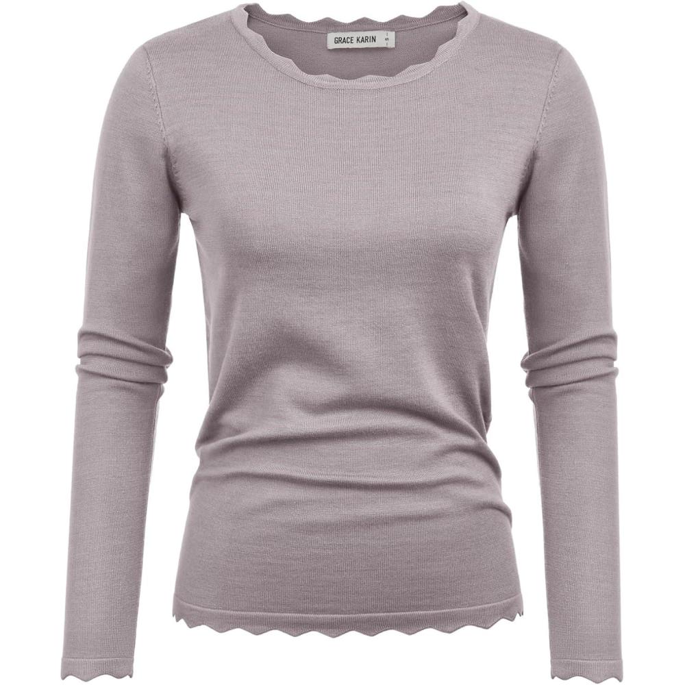 imageGRACE KARIN Womens High Stretchy Long Sleeve Pullover Sweater Blouse TopGray Pink