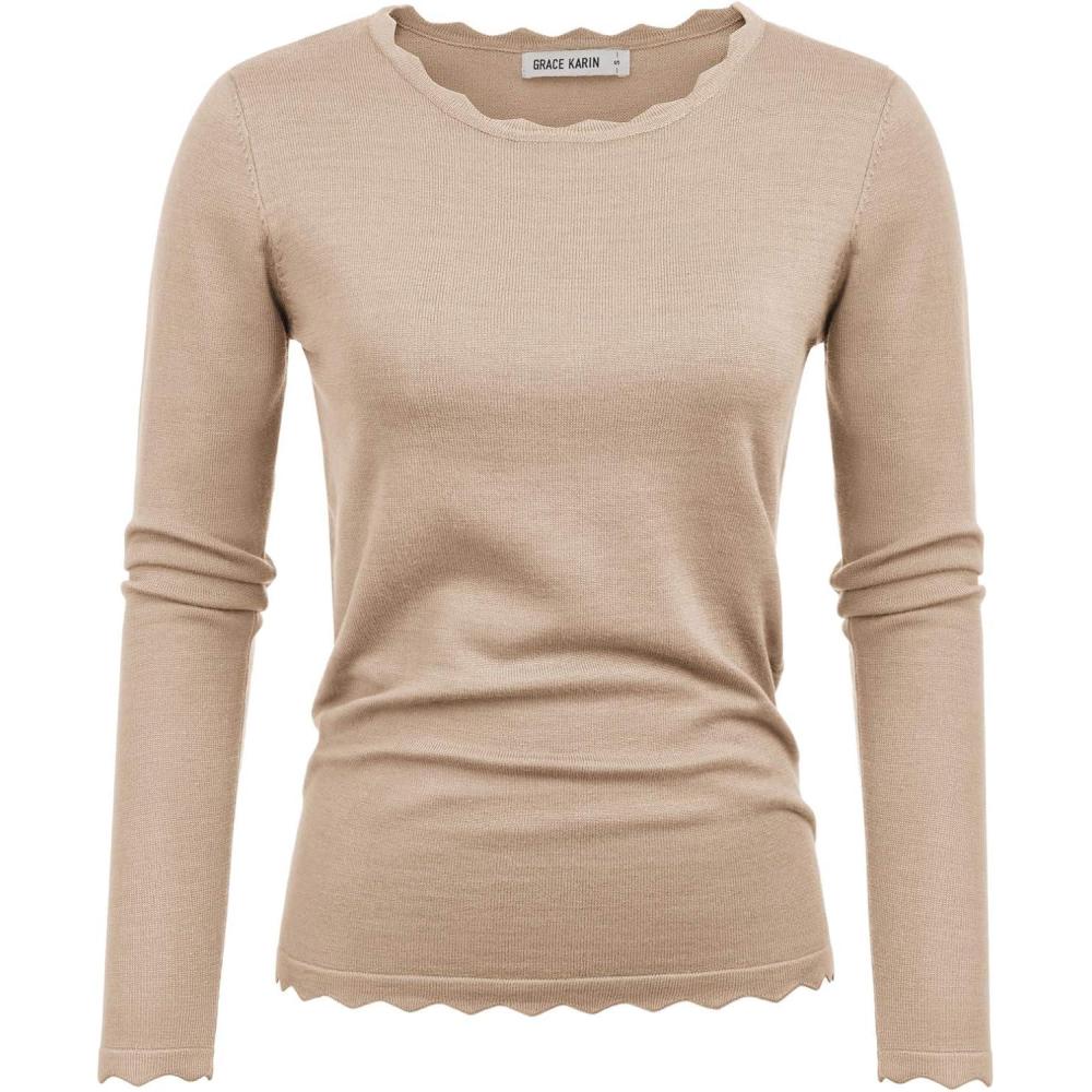 imageGRACE KARIN Womens High Stretchy Long Sleeve Pullover Sweater Blouse TopKhaki