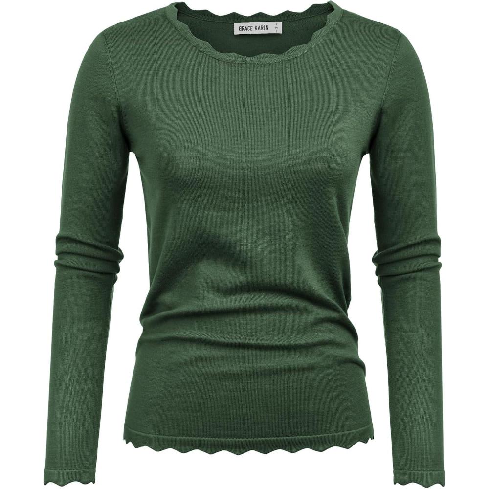 imageGRACE KARIN Womens High Stretchy Long Sleeve Pullover Sweater Blouse TopLight Army Green