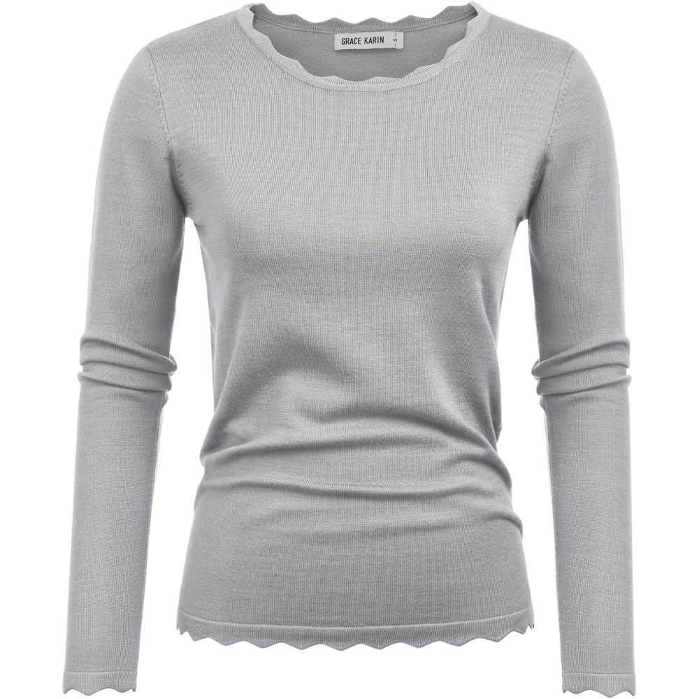 imageGRACE KARIN Womens High Stretchy Long Sleeve Pullover Sweater Blouse TopLight Grey