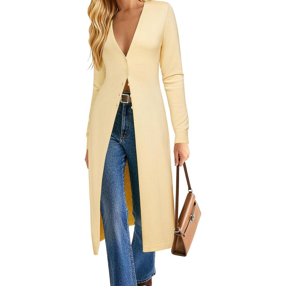 imageGRACE KARIN Womens Long Cardigan Trendy Lightweight Knit Dusters Coat V Neck Button Up Sweater Maxi DressYellow