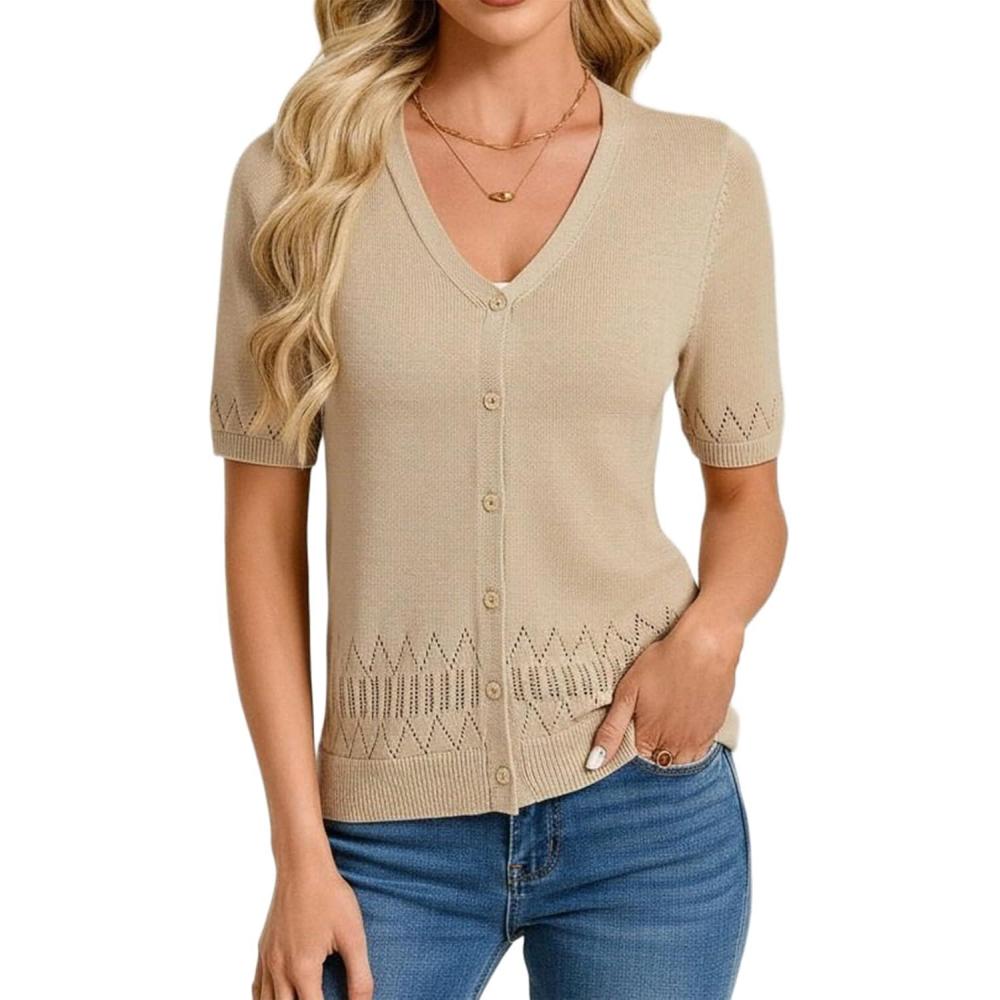 imageGRACE KARIN Womens Short Sleeve V Neck Button Up Cardigan Sweater Lightweight Crochet Knit Dressy Casual Spring OutfitsKhaki