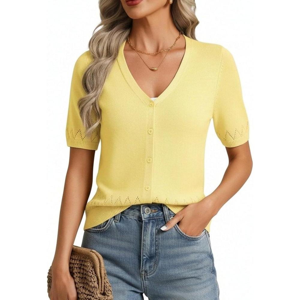 imageGRACE KARIN Womens Short Sleeve V Neck Button Up Cardigan Sweater Lightweight Crochet Knit Dressy Casual Spring OutfitsLight Yellow