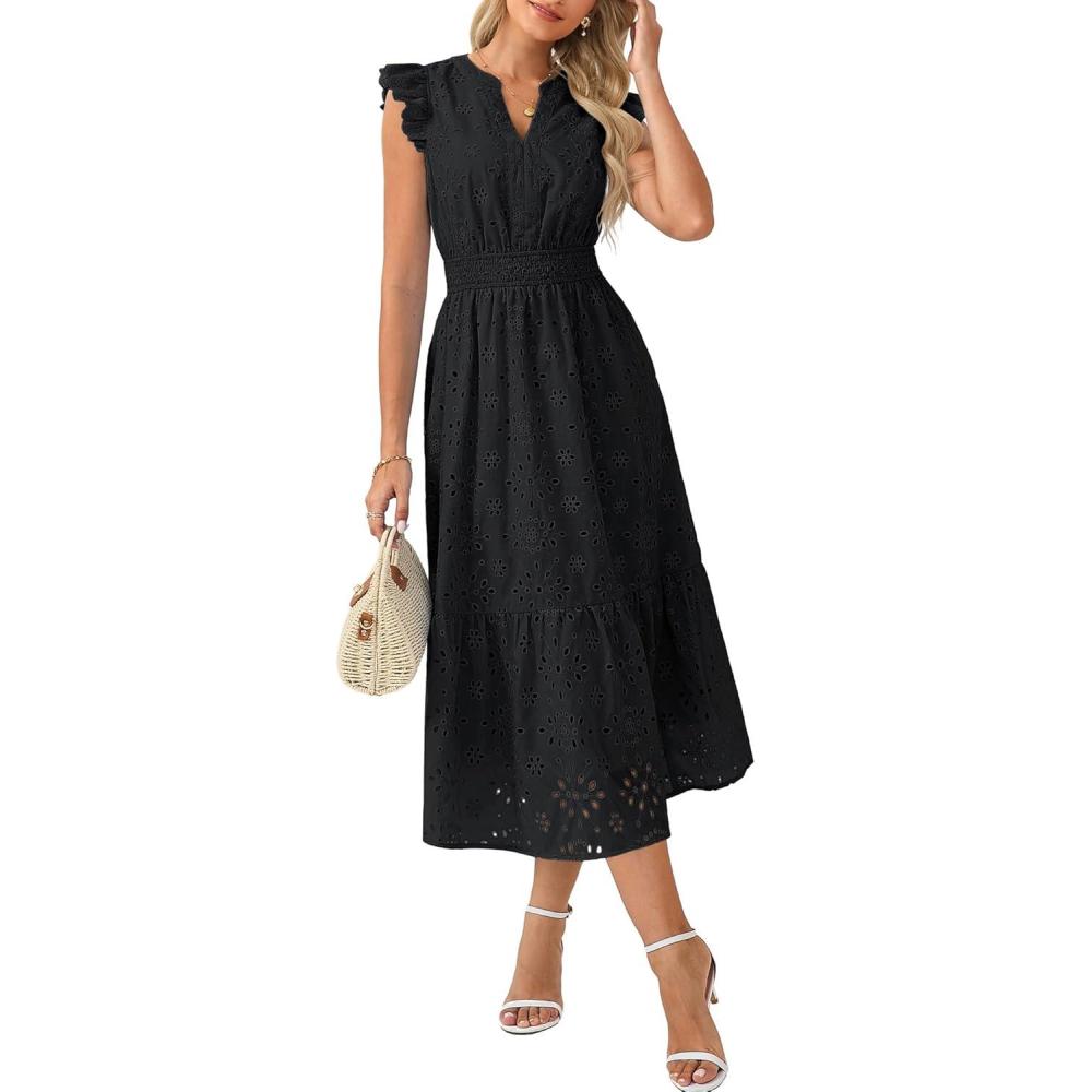 imageGRACE KARIN Womens Summer Boho Maxi Dress Casual 2026 Spring V Neck Eyelet Dresses Flowy Vacation Beach Sundress with PocketsBlack