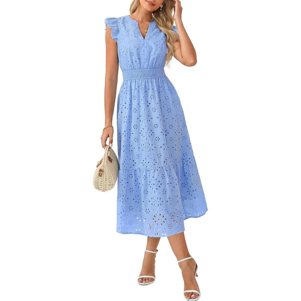 imageGRACE KARIN Womens Summer Boho Maxi Dress Casual 2026 Spring V Neck Eyelet Dresses Flowy Vacation Beach Sundress with PocketsLight Blue