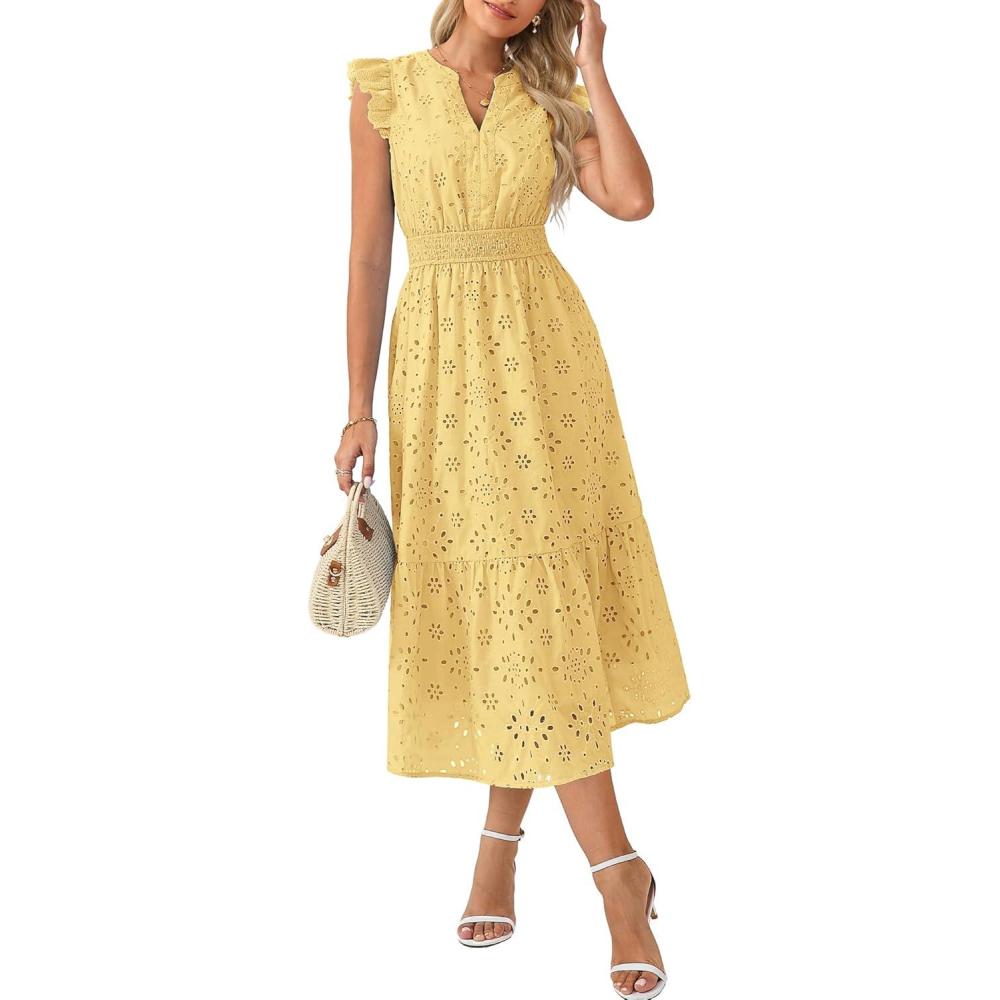 imageGRACE KARIN Womens Summer Boho Maxi Dress Casual 2026 Spring V Neck Eyelet Dresses Flowy Vacation Beach Sundress with PocketsYellow