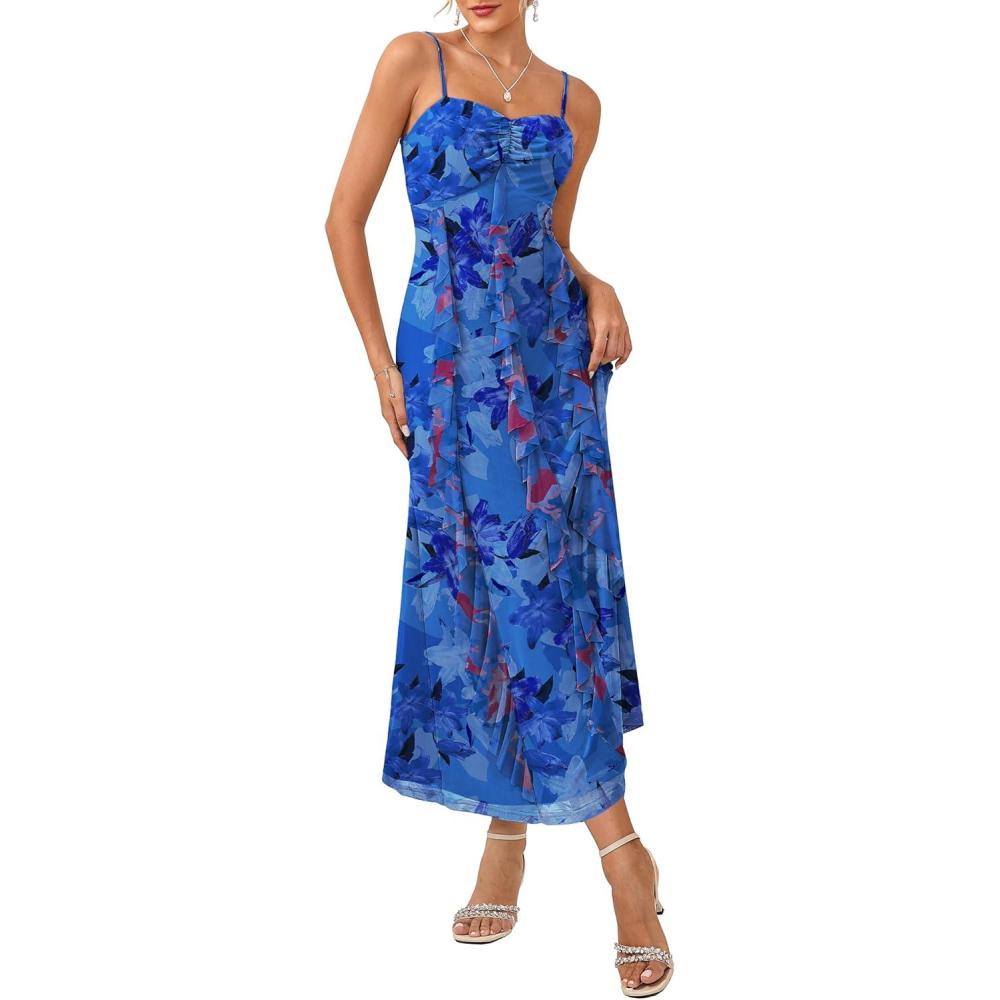 imageGRACE KARIN Womens Summer Floral Maxi Dress Spaghetti Strap Ruffle Wedding Guest Dresses Beach Long Mesh SundressBlue Floral