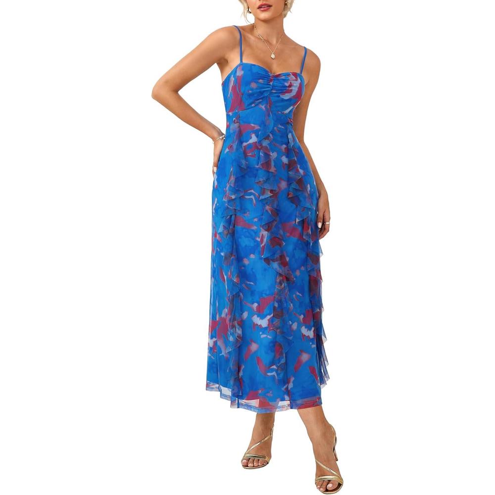 imageGRACE KARIN Womens Summer Floral Maxi Dress Spaghetti Strap Ruffle Wedding Guest Dresses Beach Long Mesh SundressLight Blue Floral