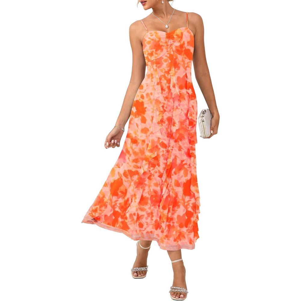 imageGRACE KARIN Womens Summer Floral Maxi Dress Spaghetti Strap Ruffle Wedding Guest Dresses Beach Long Mesh SundressOrange Floral