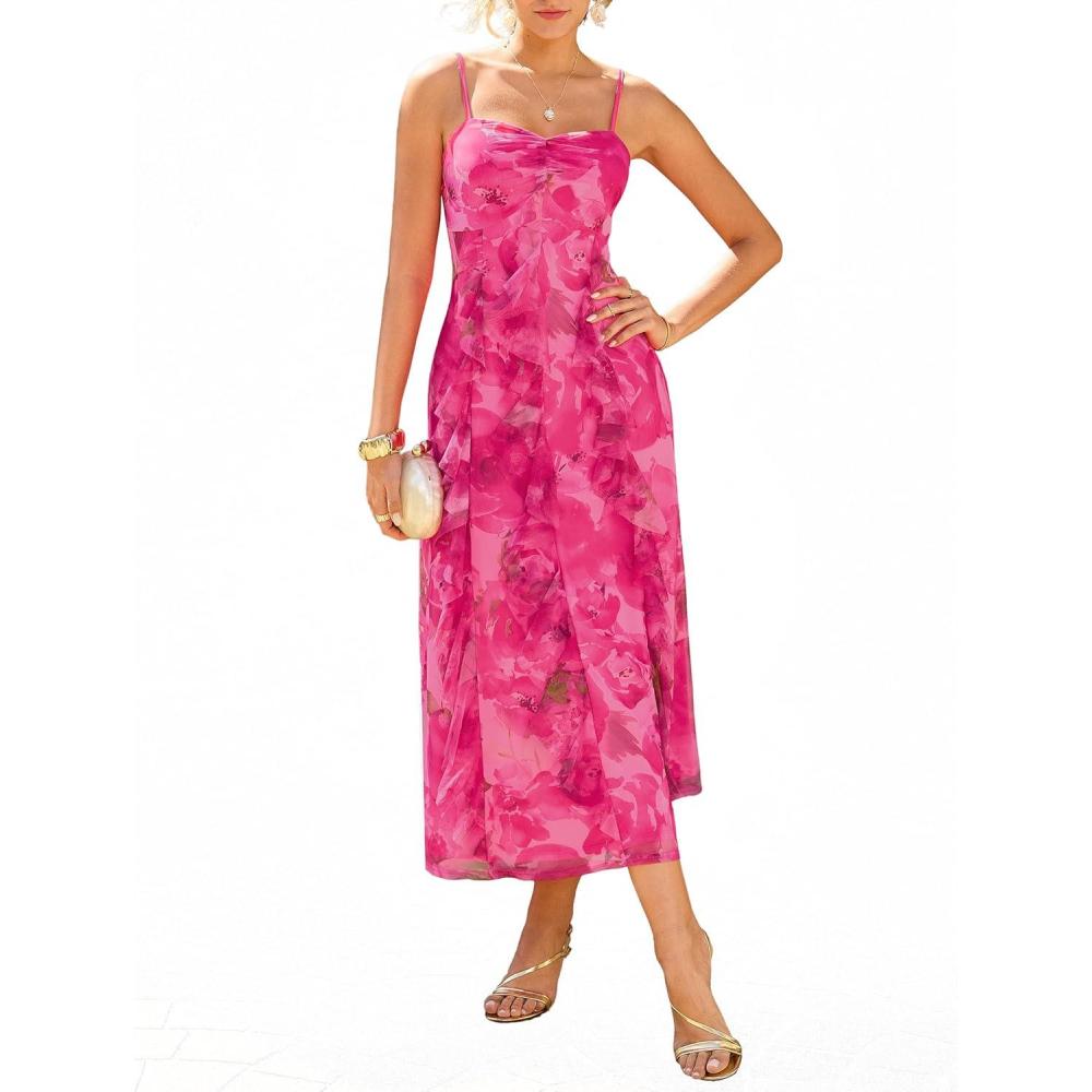 imageGRACE KARIN Womens Summer Floral Maxi Dress Spaghetti Strap Ruffle Wedding Guest Dresses Beach Long Mesh SundressRose Red Floral