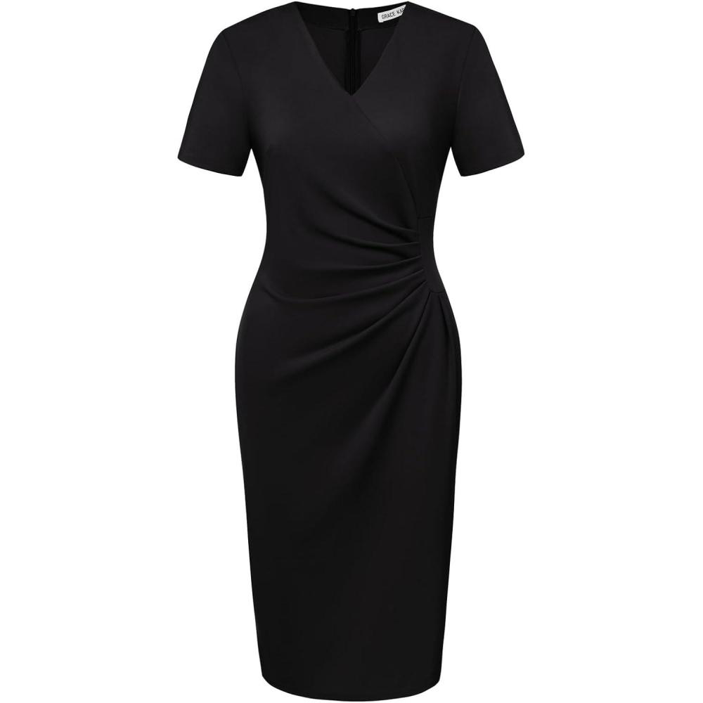 imageGRACE KARIN Work Dresses for Women 2026 Short Sleeve Elegant Church Dresses Ruched VNeck Sheath Bodycon DressBlack