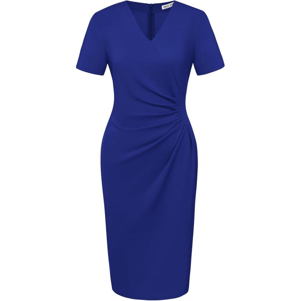 imageGRACE KARIN Work Dresses for Women 2026 Short Sleeve Elegant Church Dresses Ruched VNeck Sheath Bodycon DressBlue