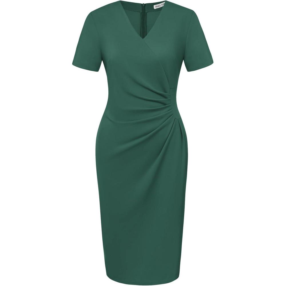 imageGRACE KARIN Work Dresses for Women 2026 Short Sleeve Elegant Church Dresses Ruched VNeck Sheath Bodycon DressDark Green
