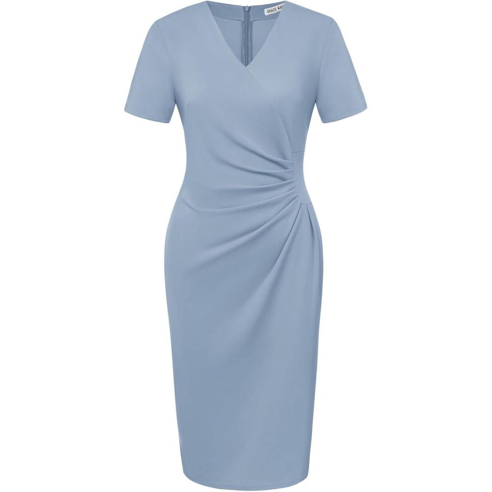 imageGRACE KARIN Work Dresses for Women 2026 Short Sleeve Elegant Church Dresses Ruched VNeck Sheath Bodycon DressLight Blue