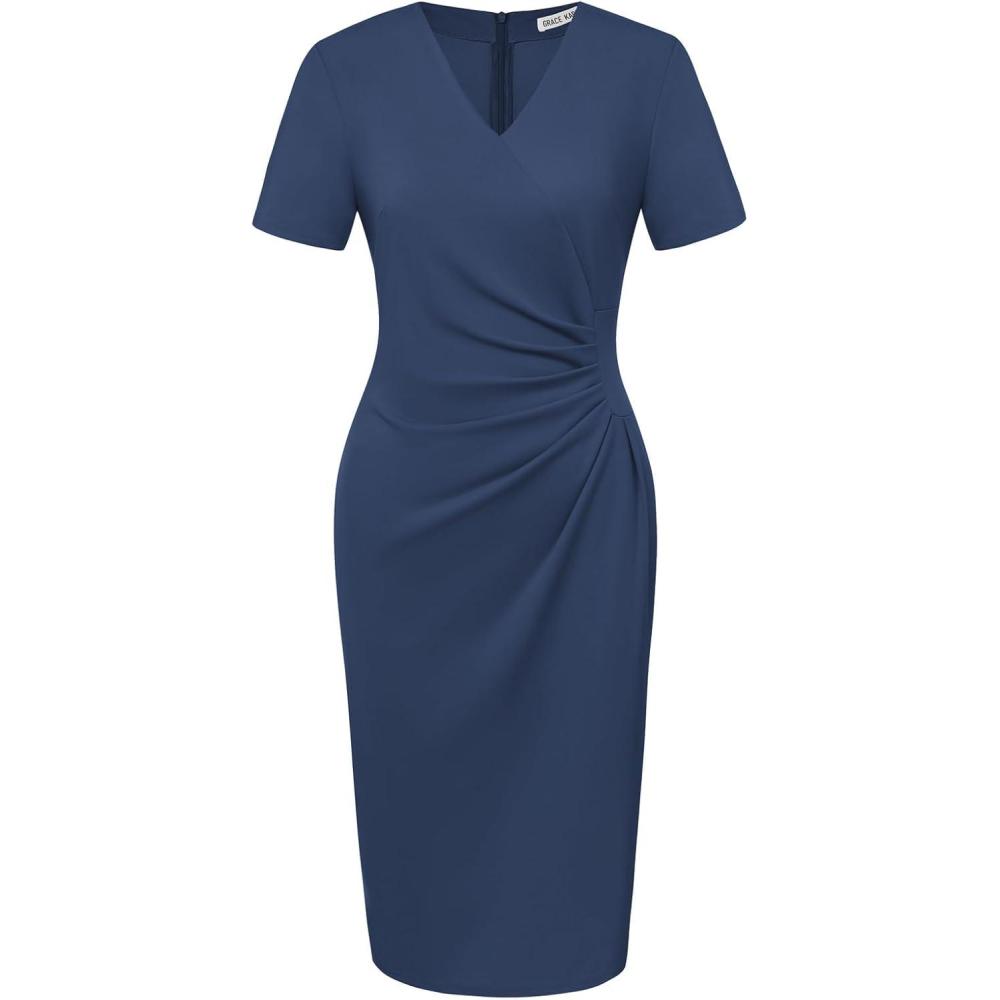 imageGRACE KARIN Work Dresses for Women 2026 Short Sleeve Elegant Church Dresses Ruched VNeck Sheath Bodycon DressNavy Blue