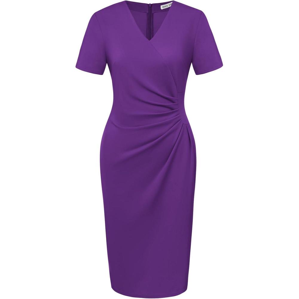 imageGRACE KARIN Work Dresses for Women 2026 Short Sleeve Elegant Church Dresses Ruched VNeck Sheath Bodycon DressPurple