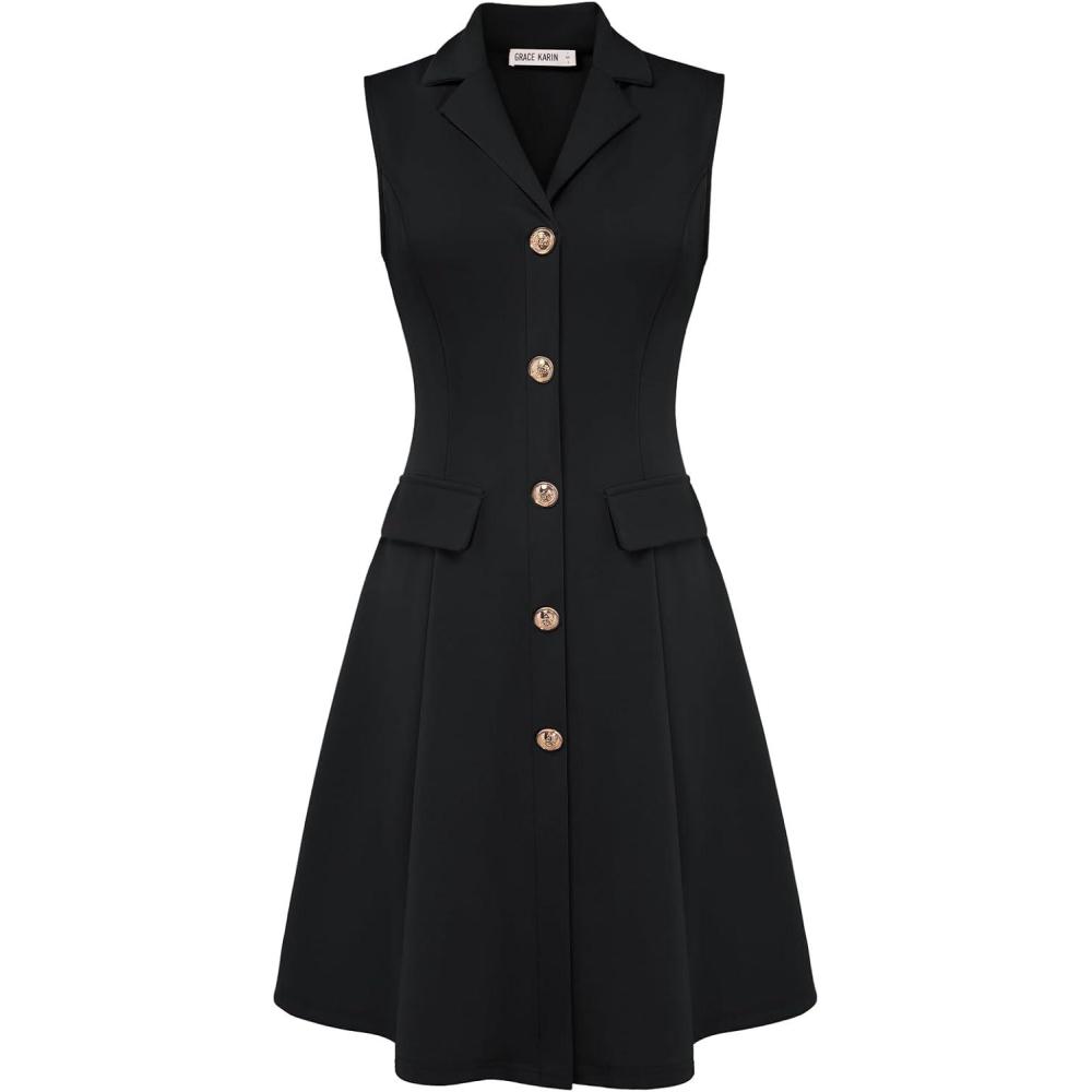 imageGRACE KARIN Work Dresses for Women 2026 Sleeveless Button Business Midi Dress Notch Lapel V Neck Formal Office A Line DressesBlack