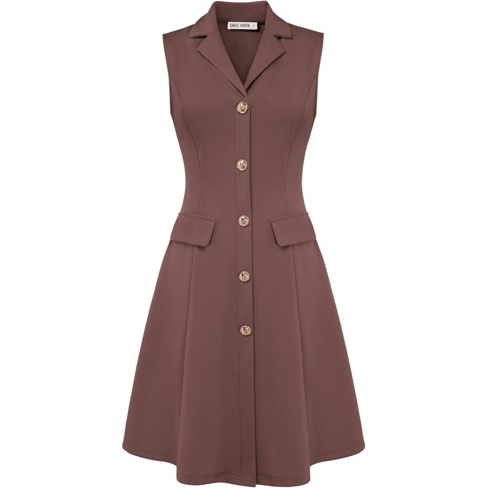 imageGRACE KARIN Work Dresses for Women 2026 Sleeveless Button Business Midi Dress Notch Lapel V Neck Formal Office A Line DressesBrown