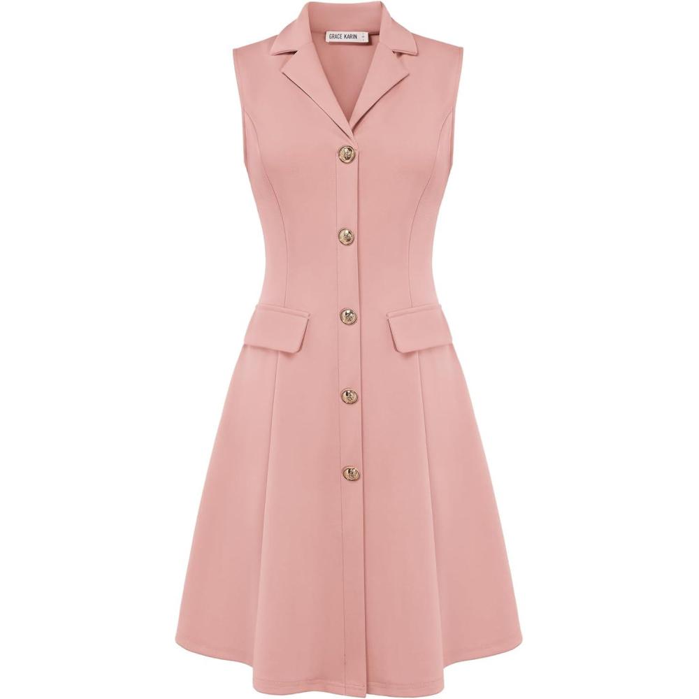 imageGRACE KARIN Work Dresses for Women 2026 Sleeveless Button Business Midi Dress Notch Lapel V Neck Formal Office A Line DressesLight Pink