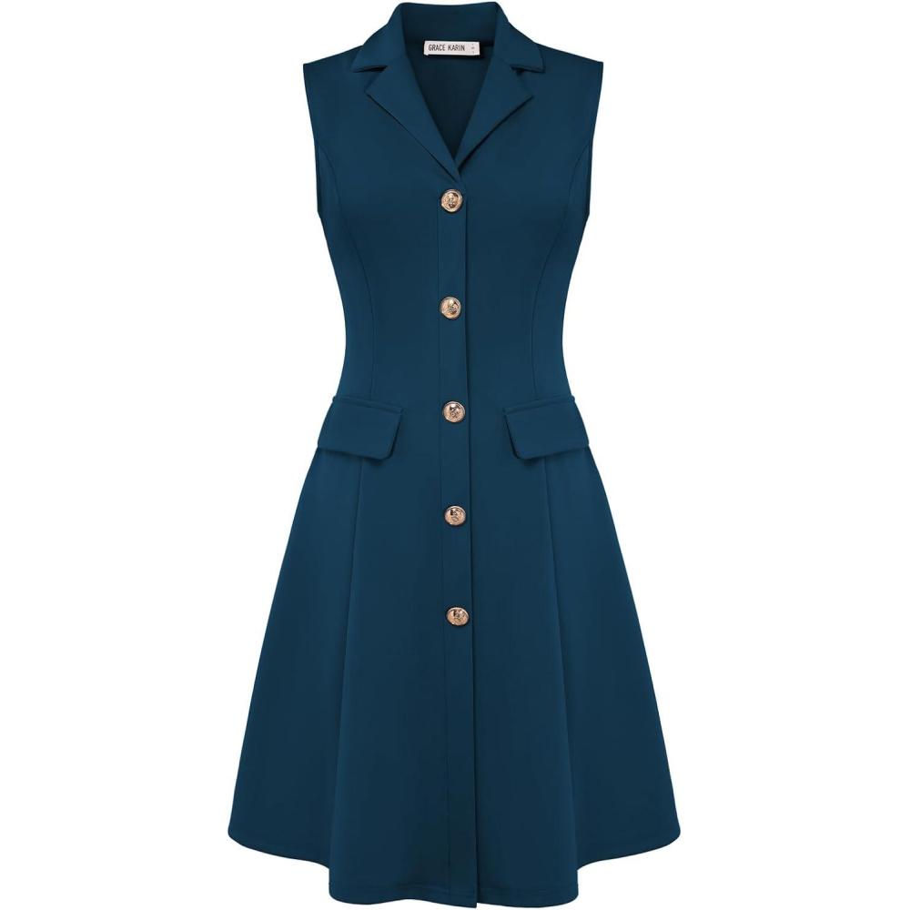 imageGRACE KARIN Work Dresses for Women 2026 Sleeveless Button Business Midi Dress Notch Lapel V Neck Formal Office A Line DressesPeacock Blue