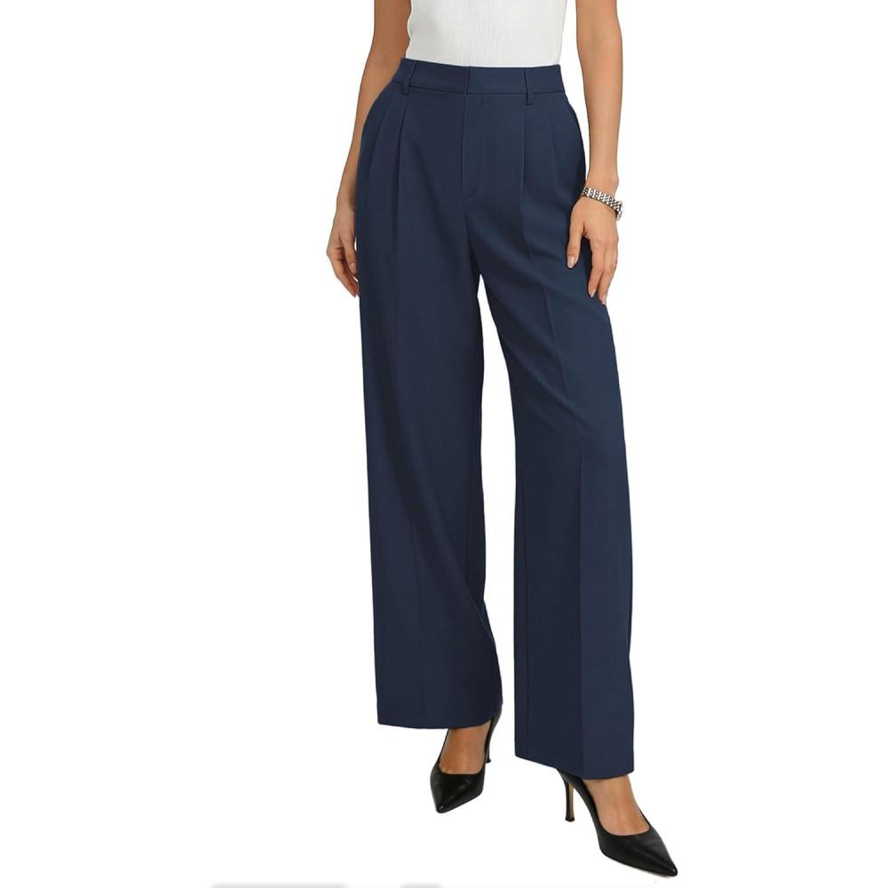 imageGRACE KARIN Work Pants Women Wide Leg High Waist Wrinkle Free Trousers Slacks with Pockets Business Casual OutfitsNavy Blue