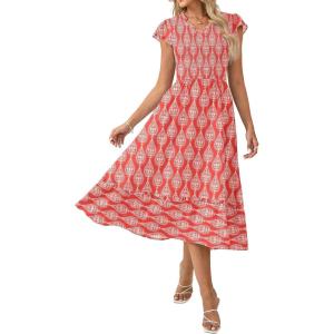 GRACE KARIN 2026 Summer Casual Dresses for Women,Flutter Short Sleeve Wedding Guest Dresses,V Neck Smocked Tiered Midi Dress(Red Floral)