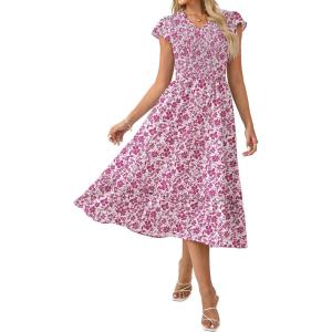 GRACE KARIN 2026 Summer Casual Dresses for Women,Flutter Short Sleeve Wedding Guest Dresses,V Neck Smocked Tiered Midi Dress(Rose Red Floral)