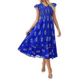 GRACE KARIN 2026 Summer Casual Dresses for Women,Flutter Short Sleeve Wedding Guest Dresses,V Neck Smocked Tiered Midi Dress(Royal Blue Floral)