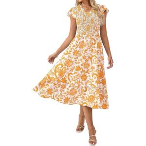 GRACE KARIN 2026 Summer Casual Dresses for Women,Flutter Short Sleeve Wedding Guest Dresses,V Neck Smocked Tiered Midi Dress(Yellow Floral)