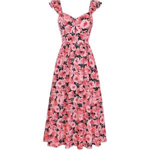 GRACE KARIN 2026 Women Summer Maxi Floral Corset Dress,Ruffle Sleeve Milkmaid Dresses, Wedding Guest Dresses with Pocket(Black With Red Flowers)