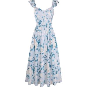 GRACE KARIN 2026 Women Summer Maxi Floral Corset Dress,Ruffle Sleeve Milkmaid Dresses, Wedding Guest Dresses with Pocket(Blue-gray With White Flowers)