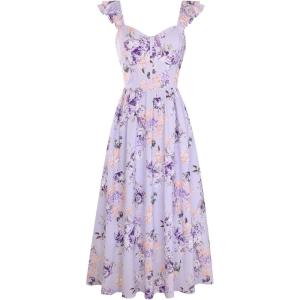 GRACE KARIN 2026 Women Summer Maxi Floral Corset Dress,Ruffle Sleeve Milkmaid Dresses, Wedding Guest Dresses with Pocket(Large Purple Flower Clusters)