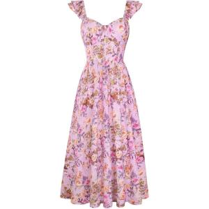 GRACE KARIN 2026 Women Summer Maxi Floral Corset Dress,Ruffle Sleeve Milkmaid Dresses, Wedding Guest Dresses with Pocket(Purple With Delicate Floral)