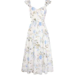 GRACE KARIN 2026 Women Summer Maxi Floral Corset Dress,Ruffle Sleeve Milkmaid Dresses, Wedding Guest Dresses with Pocket(White With Light Blue Flowers)