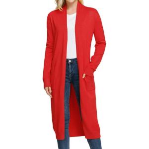 GRACE KARIN Essential Solid Open Front Maxi Long Knitted Cardigan Sweater for Women(Red)