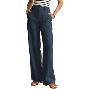 GRACE KARIN Linen Palazzo Pants for Women,High Waist Wide Leg Summer Beach Pants with Pockets(Navy Blue)