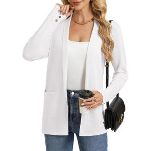 GRACE KARIN Long Cardigans for Women, Long Sleeve Open Front Cardigan Sweaters, Lightweight Spring Jacket with Pockets(White)