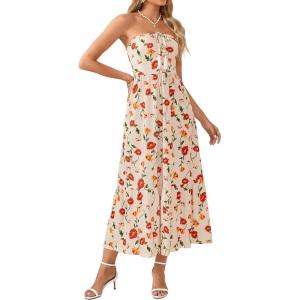 GRACE KARIN Strapless Floral Maxi Dress,Summer Casual Tube Top Boho Dresses,Beach Smocked Flowy Dress with Pockets(Beige Floral)