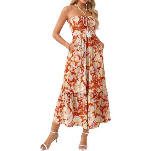 GRACE KARIN Strapless Floral Maxi Dress,Summer Casual Tube Top Boho Dresses,Beach Smocked Flowy Dress with Pockets(Orange and Yellow Floral)