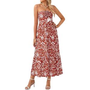 GRACE KARIN Strapless Floral Maxi Dress,Summer Casual Tube Top Boho Dresses,Beach Smocked Flowy Dress with Pockets(Red and White Floral)