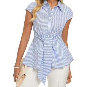 GRACE KARIN Striped Button Down Shirts Women,Short Sleeve Peplum Tops Business Casual,Tie Front Work Cotton Blouses Summer(Light Blue)