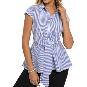 GRACE KARIN Striped Button Down Shirts Women,Short Sleeve Peplum Tops Business Casual,Tie Front Work Cotton Blouses Summer(Navy Blue)