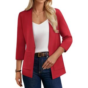 GRACE KARIN Women 3/4 Sleeve Sweater Blazer, Lightweight Open Front Cardigan, Knit Jackets Business Casual with Pockets(Red)