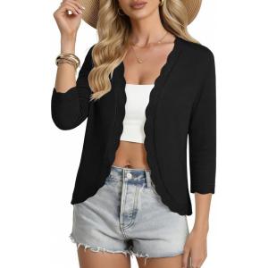 GRACE KARIN Women Lightweight Summer Cardigans 3/4 Sleeve Cropped Cardigan Sweaters Open Front Bolero Shrug(Black)