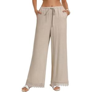 GRACE KARIN Women Linen Pants Wide Leg Casual Palazzo Pants Flowy Beach Summer Trousers Pants with Pockets(Apricot)