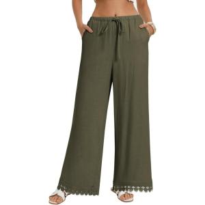 GRACE KARIN Women Linen Pants Wide Leg Casual Palazzo Pants Flowy Beach Summer Trousers Pants with Pockets(Green)