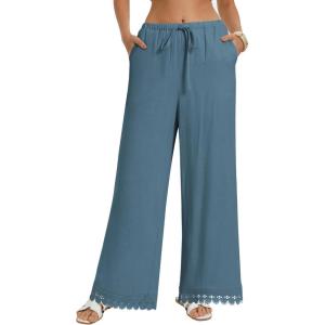 GRACE KARIN Women Linen Pants Wide Leg Casual Palazzo Pants Flowy Beach Summer Trousers Pants with Pockets(Grey Blue)