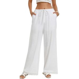 GRACE KARIN Women Linen Pants Wide Leg Casual Palazzo Pants Flowy Beach Summer Trousers Pants with Pockets(White)