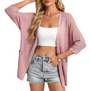 GRACE KARIN Womens 2026 Summer Lightweight Cardigans 3/4 Sleeve Crochet Kimonos Open Front Beach Cover Ups with Pockets(Pink)